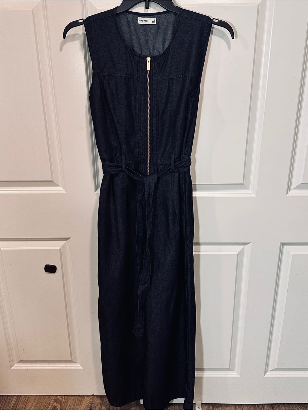 Nine West Sleeveless Dark Indigo Zip-Front Jumpsuit with Tie Waist